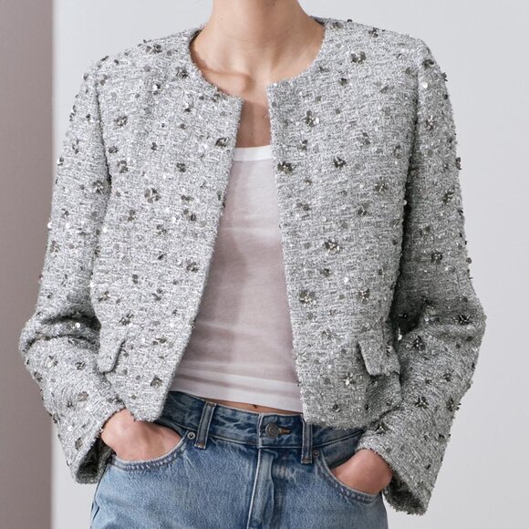 Zara sequin cropped silver jacket - Picture 4 of 6